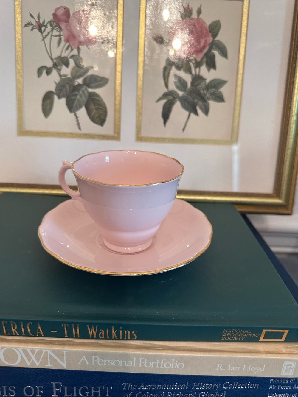 English Vogue Bone Pink Porcelain Teacup & Saucer with Gold Trim